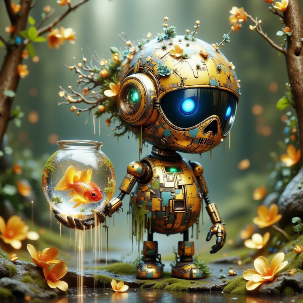 Cute Robot Holding Fishbowl