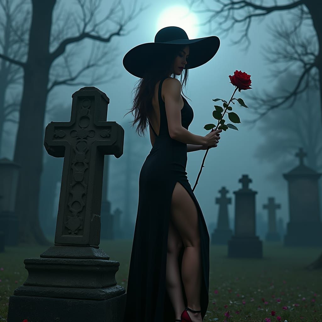 Elegant Widow with Crimson Rose in Cemetery