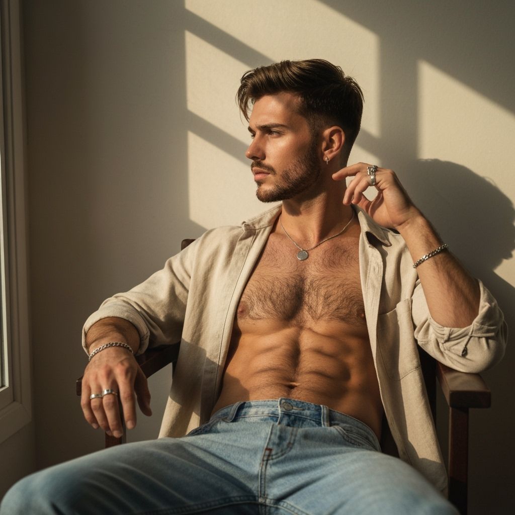 Man Relaxed in Chair, Confident Pose, Athletic Physique