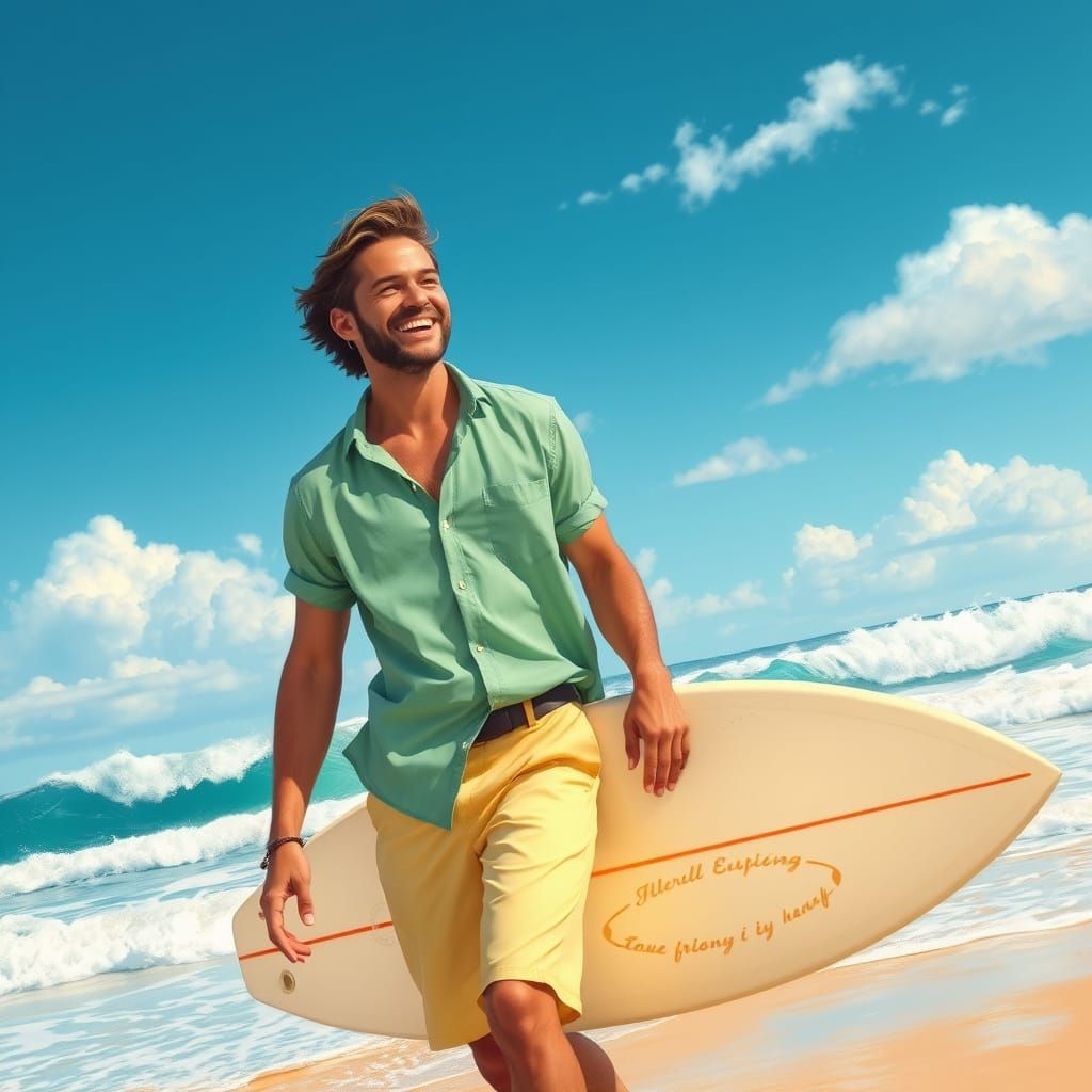 Happy European Surfer in Vibrant Beach Scene