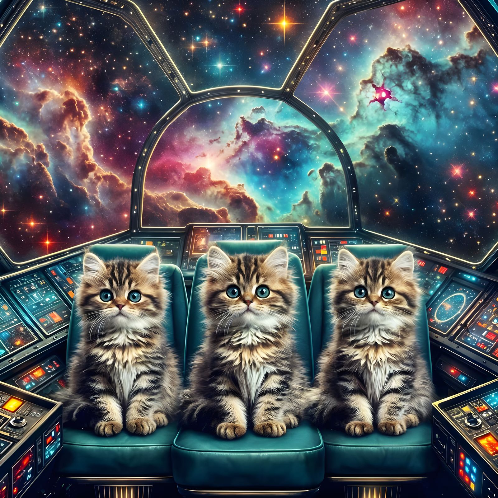 Whiskered Space Explorers in a Vibrant Nebula