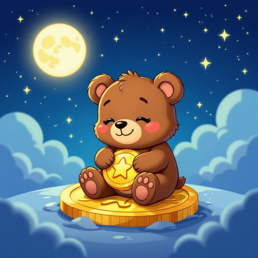 Adorable Cartoon Bear Wakes on Golden Coin