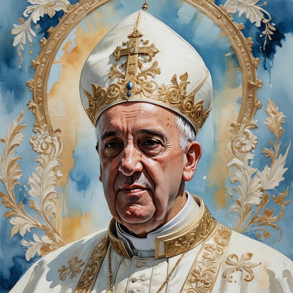 Pope Francis Gouache Portrait in Ornate Papal Attire
