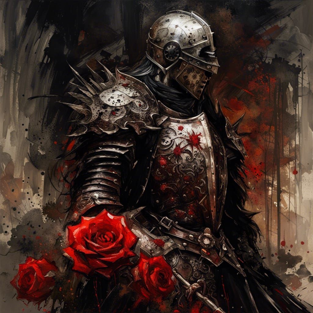 Cursed Gothic Knight with Roses as Oil Painting
