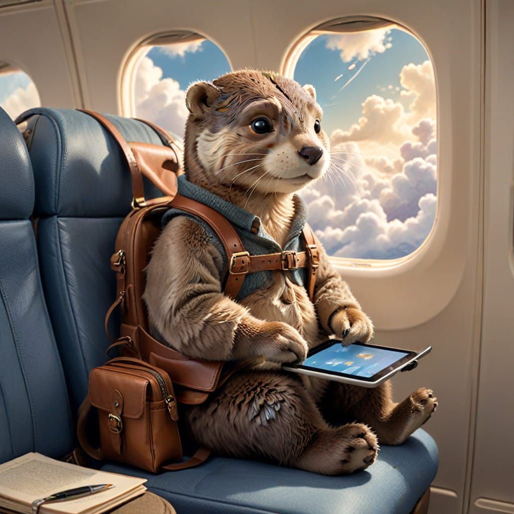 Otter Browsing Internet on Airplane Surrounded by Clouds