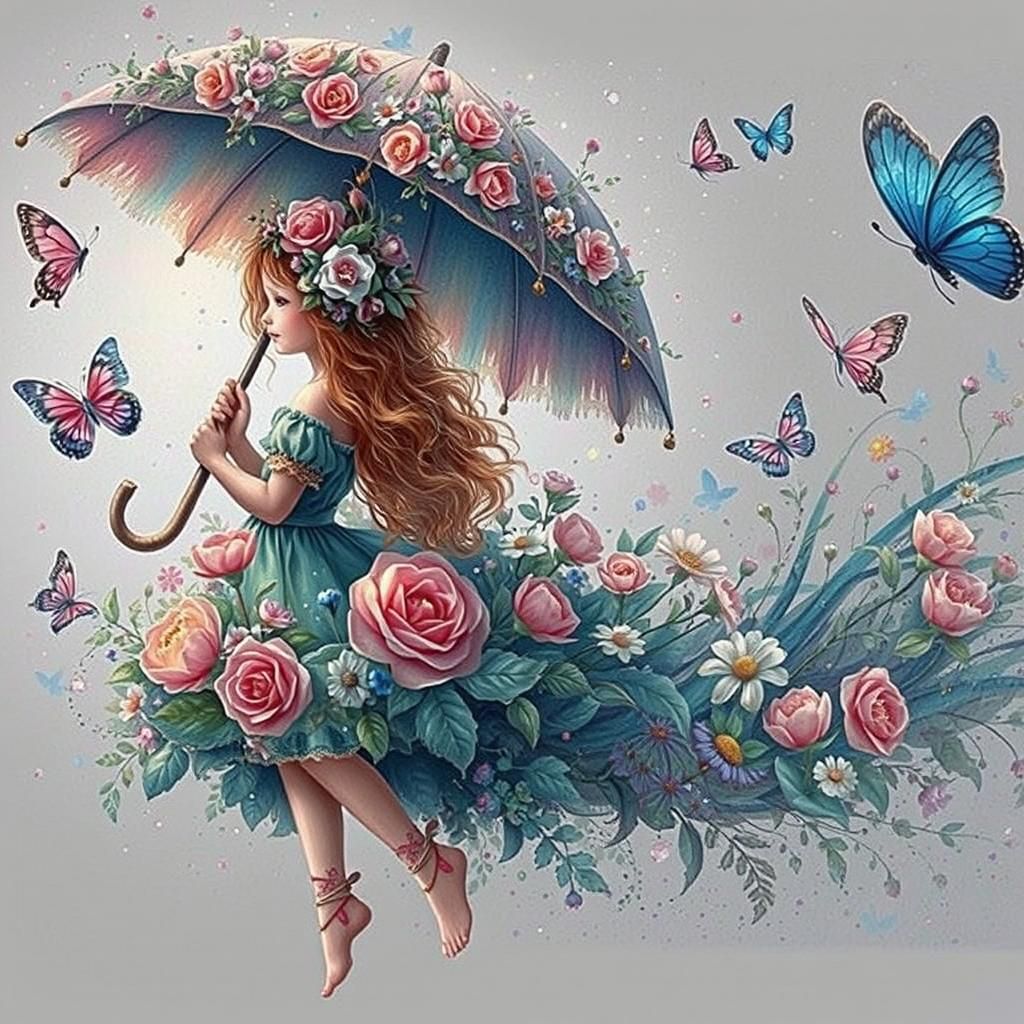 Girl with Umbrella in Flower Meadow, Dreamy Art