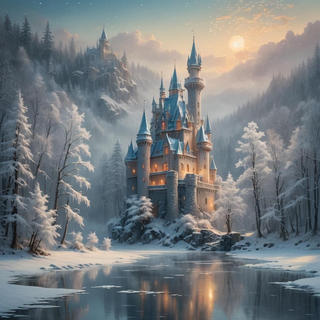Icy Castle in Winter Forest: Ethereal Landscape