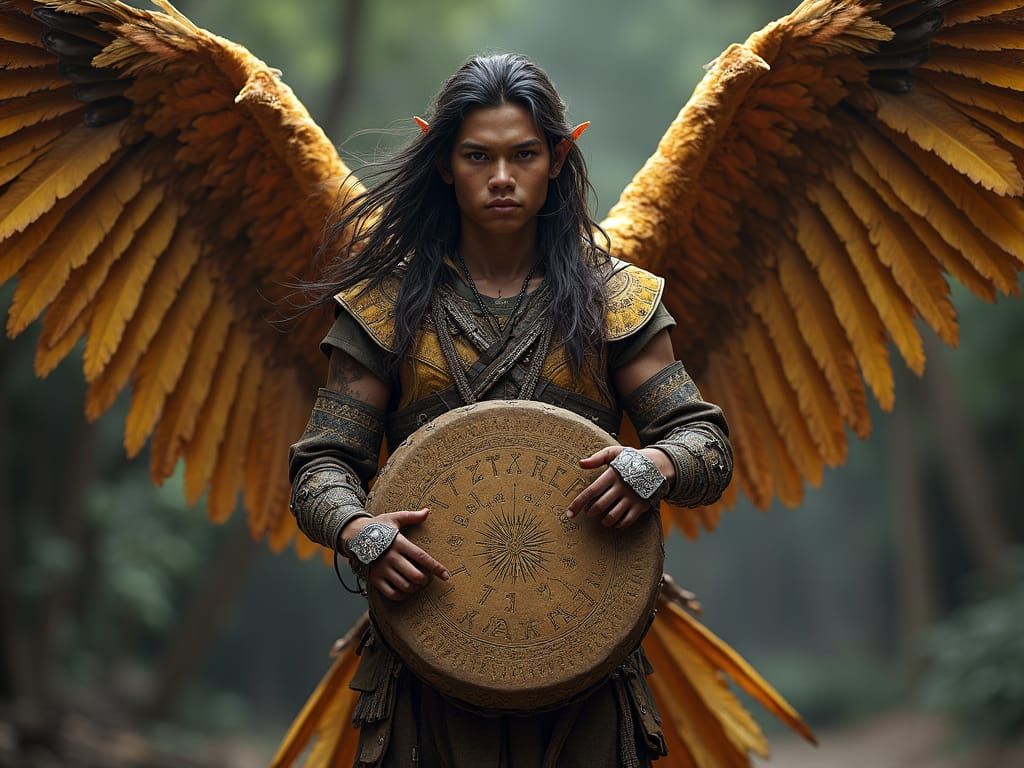 High-Fantasy Warrior with Harpy Eagle Wings and Djembe, in I...