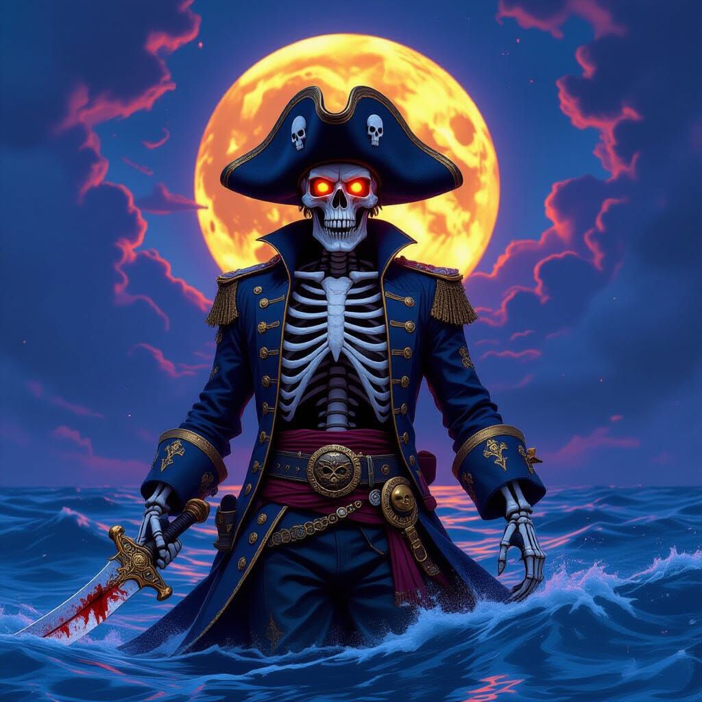 Ominous Pirate Skeleton in Stormy Seas - Dark Fantasy Art
