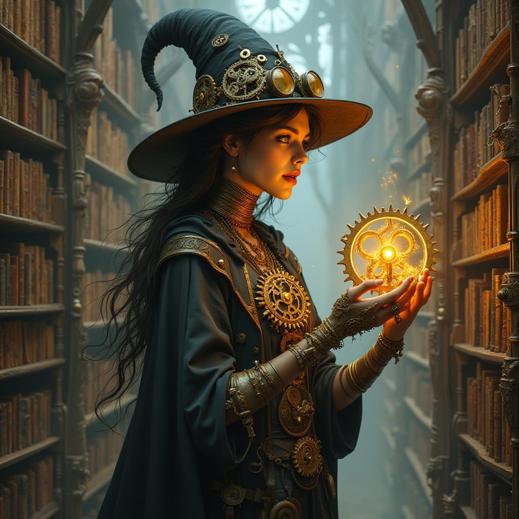 Clockwork Witch in Library: Steampunk Surrealism