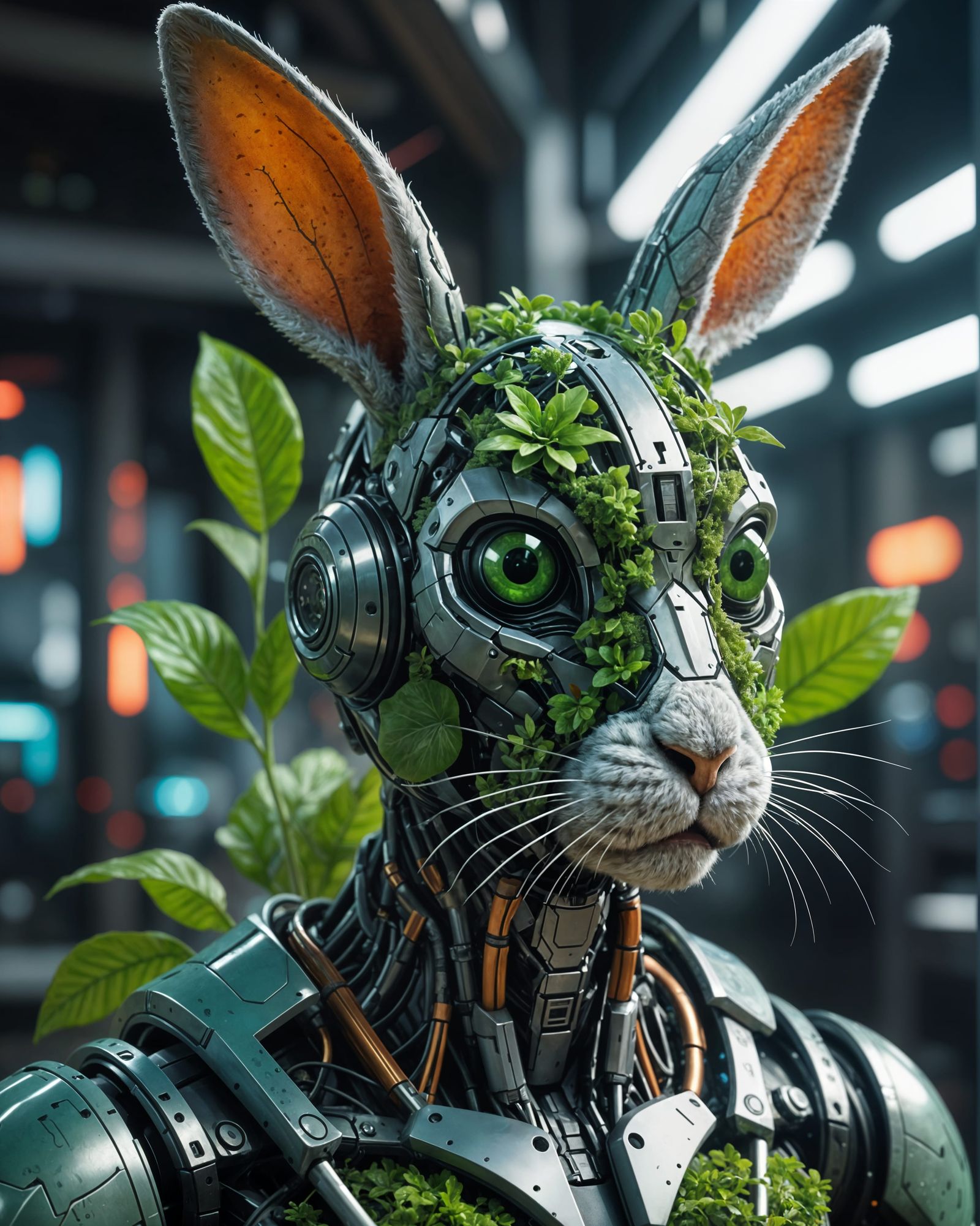 Biopunk Rabbit with Futuristic Botanical Implants