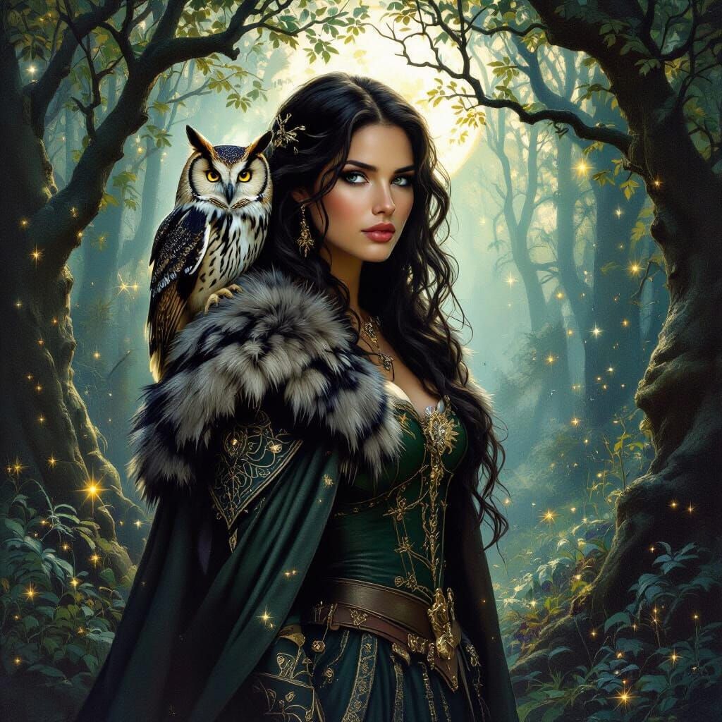 Mystical Forest Woman with Owl in Pre-Raphaelite Style