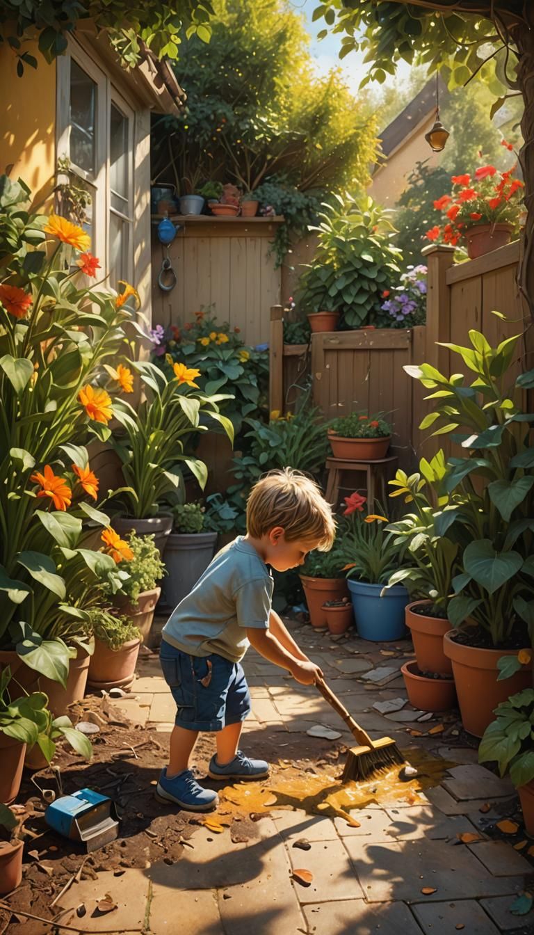 Hyperrealistic Boy Cleans Room in Garden