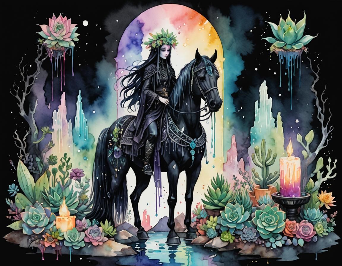 Mysterious Figures with Black Horse in Pastel Goth Style