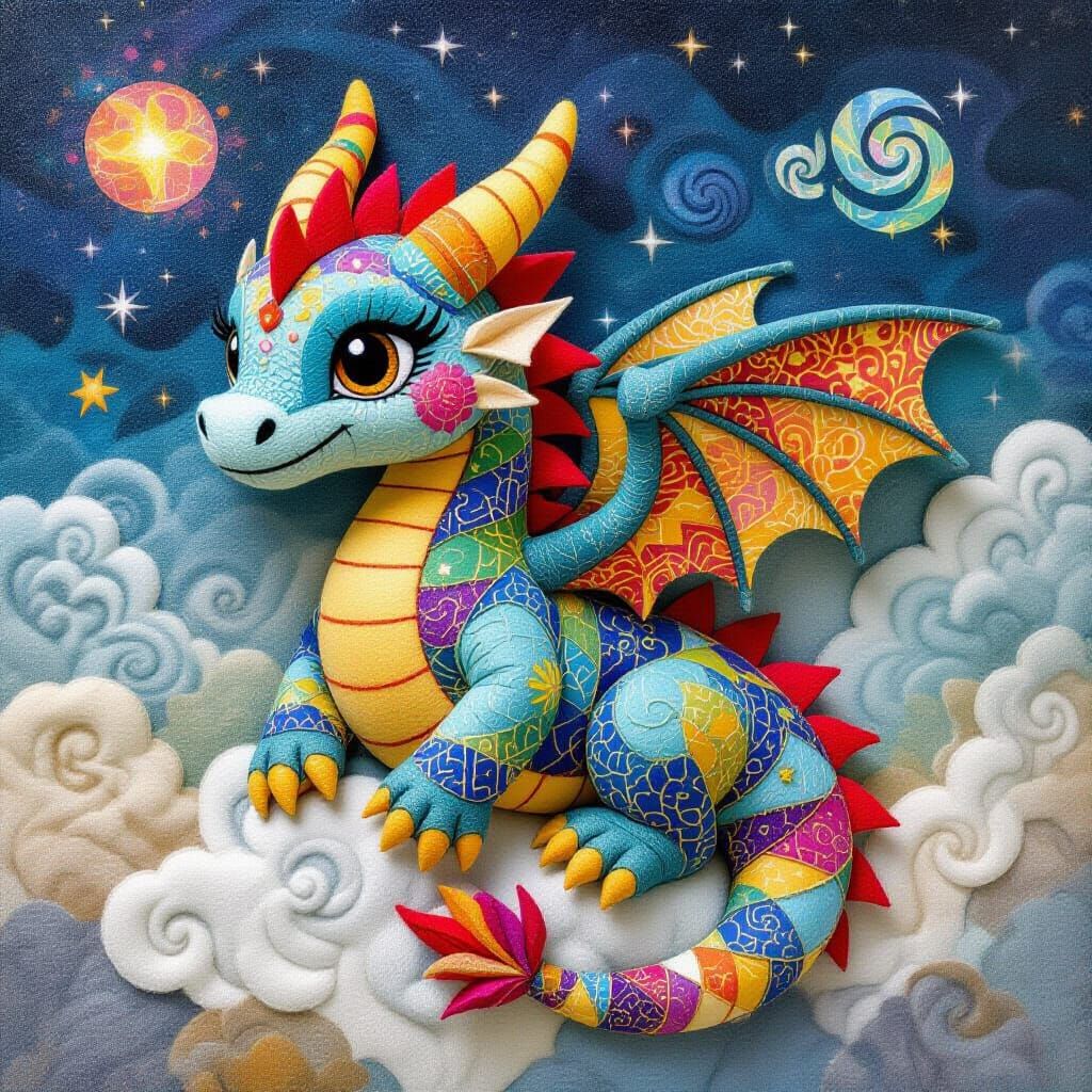 Vibrant Patchwork Dragon in Cosmic Clouds: Mixed Media Illus...