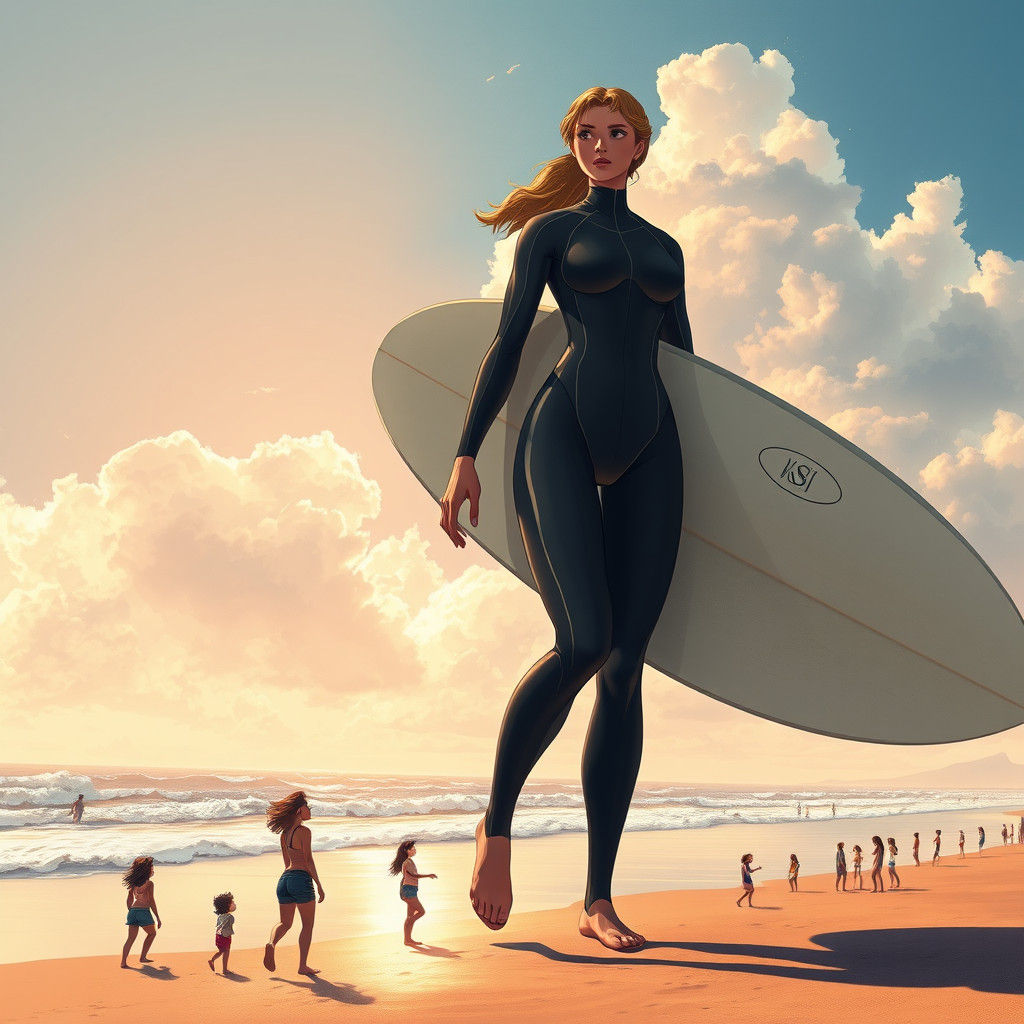 Colossal Surfer Dominates Beach, Anime-Inspired Art