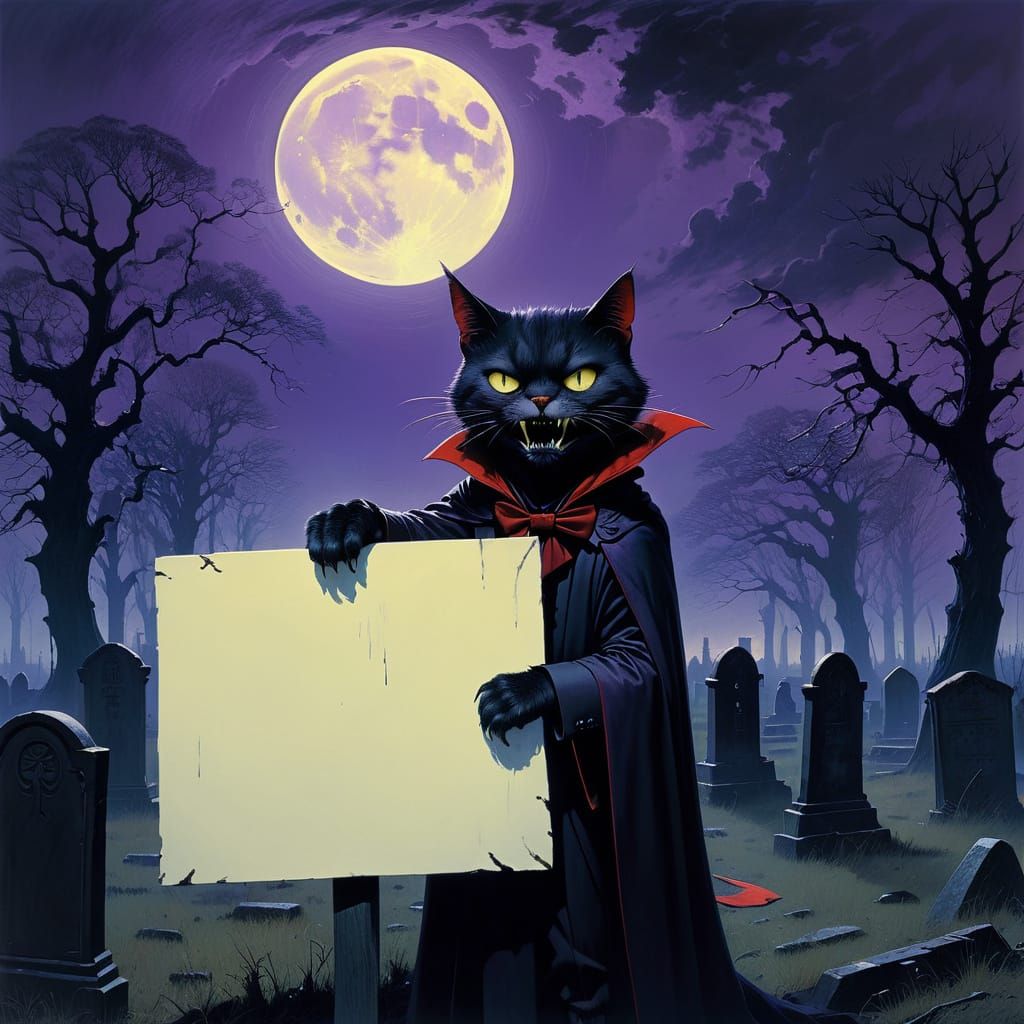 An angry snarling evil traditional vampire cat with giant fangs, wearing a traditional vampire tuxedo and cape, holding ...