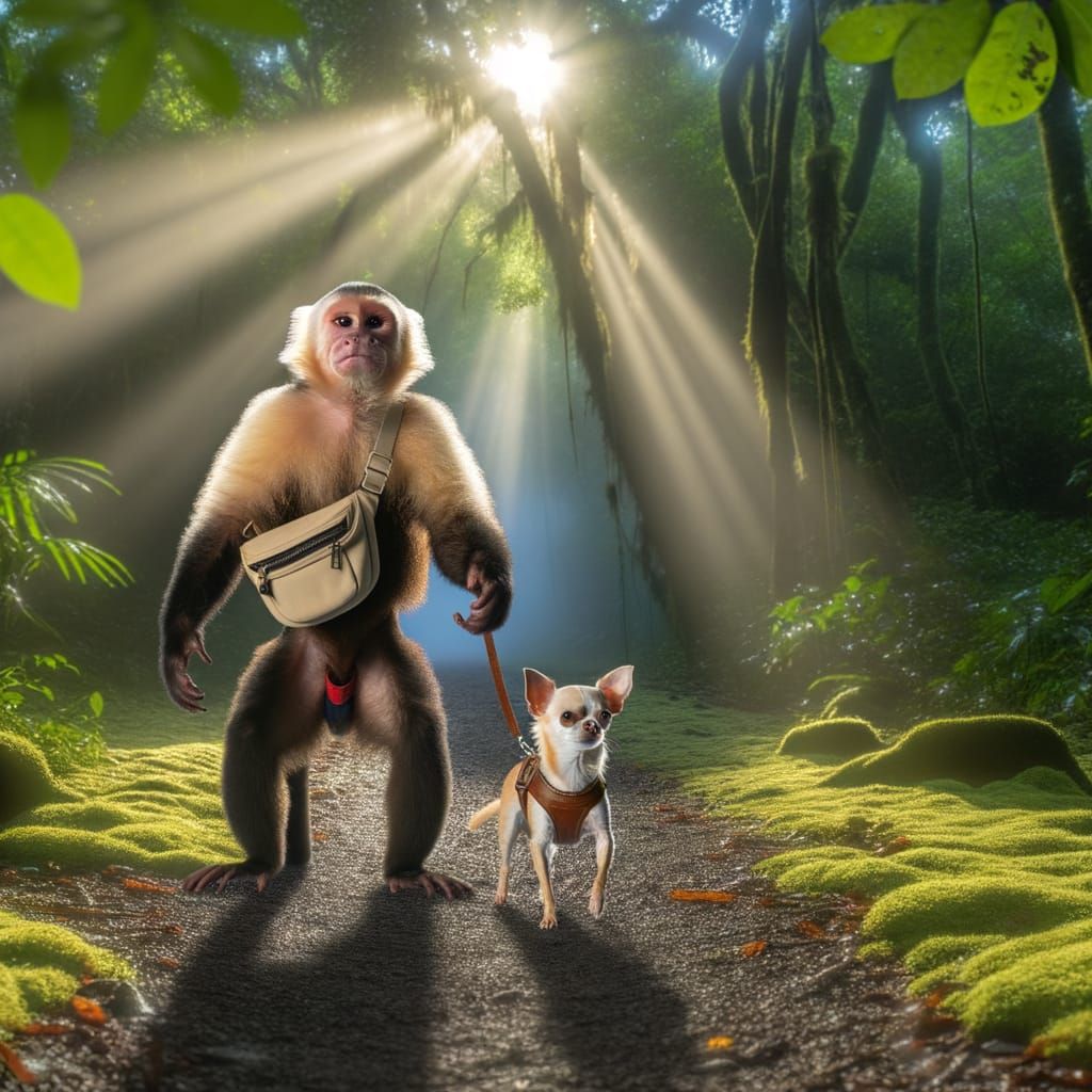 Capuchin Monkey Walks Chihuahua on Forest Path