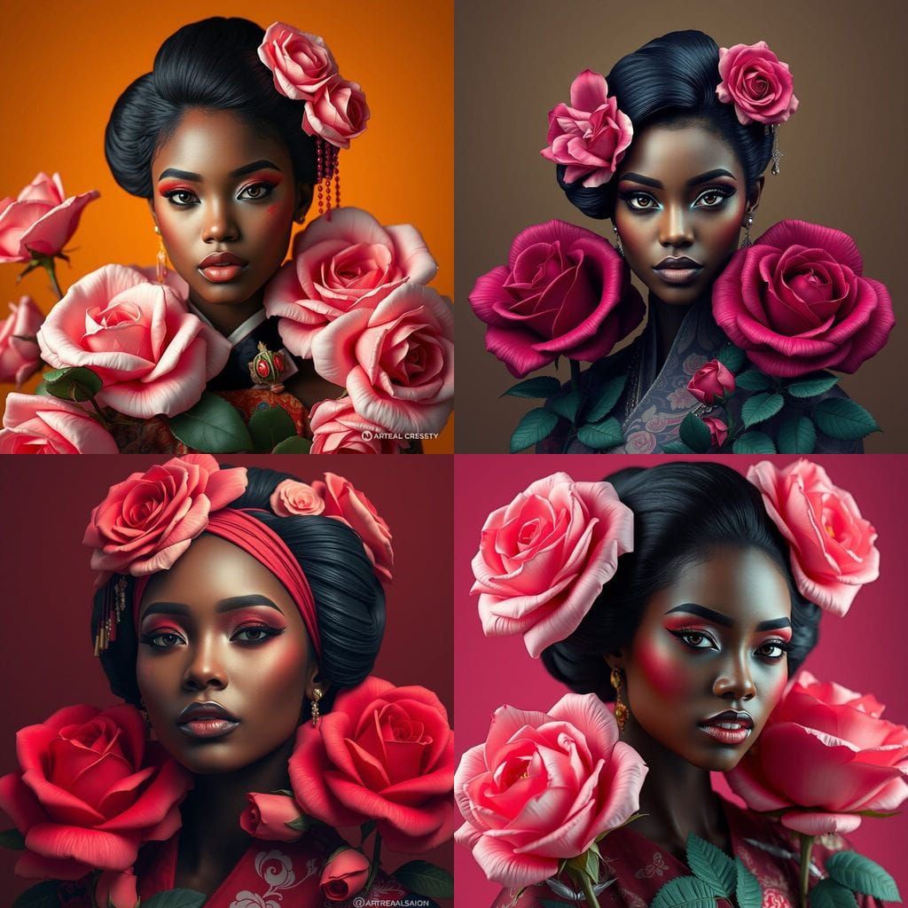 Beautiful Black Woman in Exquisite Geisha Attire Amidst Vibr...