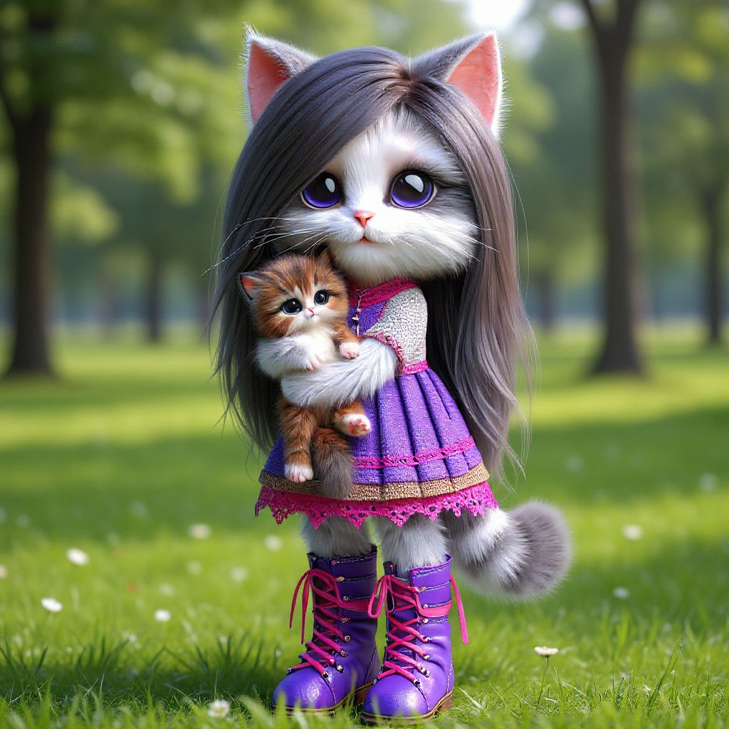 Anthropomorphic Cat with Kitten in 3D Rendered Style
