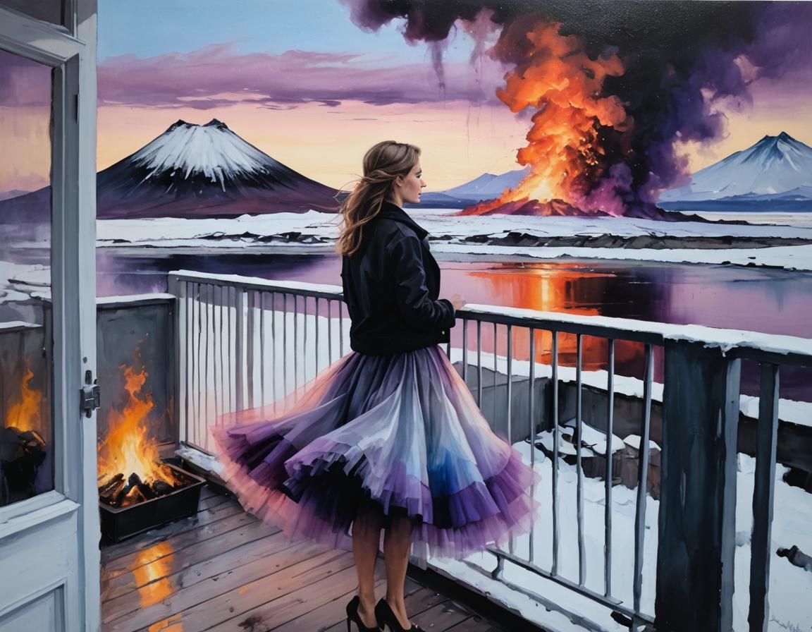 Icelandic Volcano Eruption: Oil Painting of Woman on Balcony