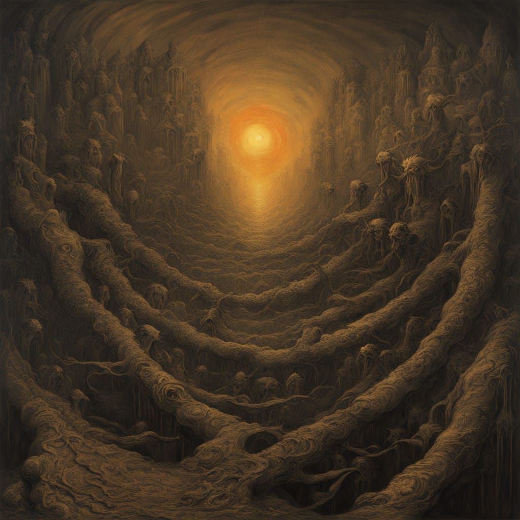 Surrealistic Demons Guide Figure Down Hellish Path in Orange...