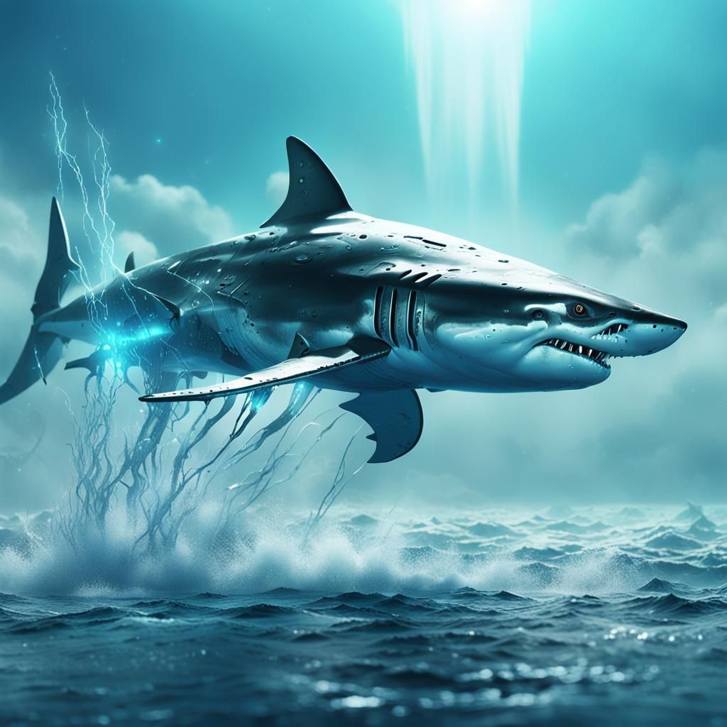 Cyberpunk Cyborg Shark Breaching High Elevation Ocean