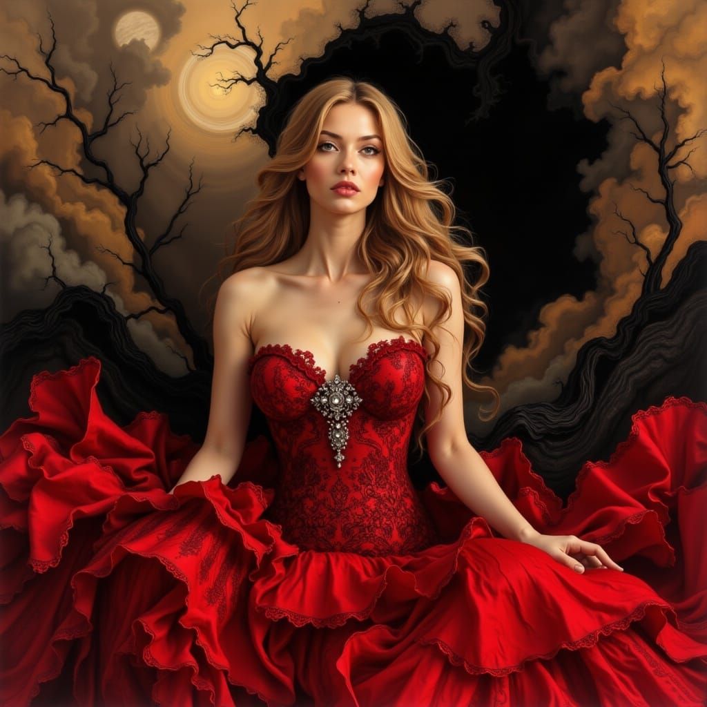 Elegant Lady in Red Lace Gown with Diamond Accents