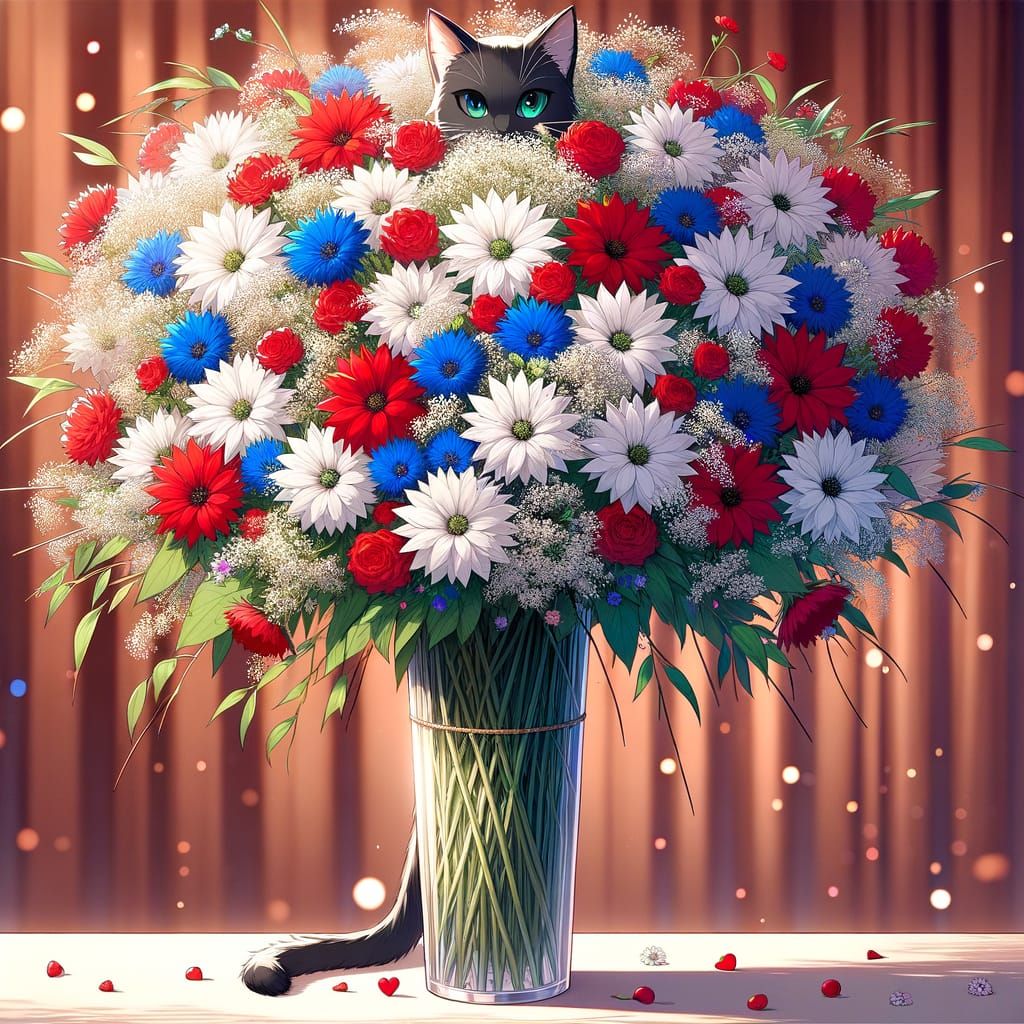 Whimsical Anime Floral Scene with Sneaky Cat