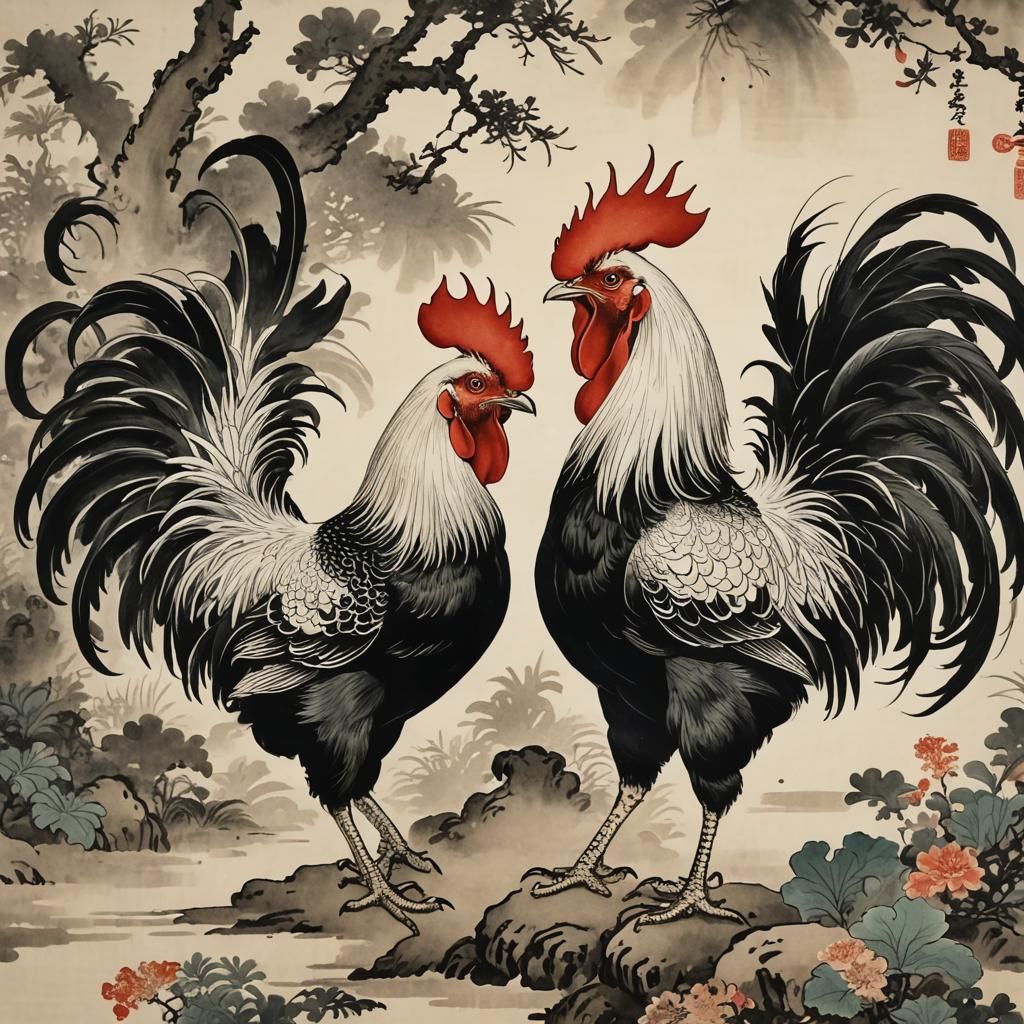 Roosters Fighting in Itō Jakuchū Style Ink Painting