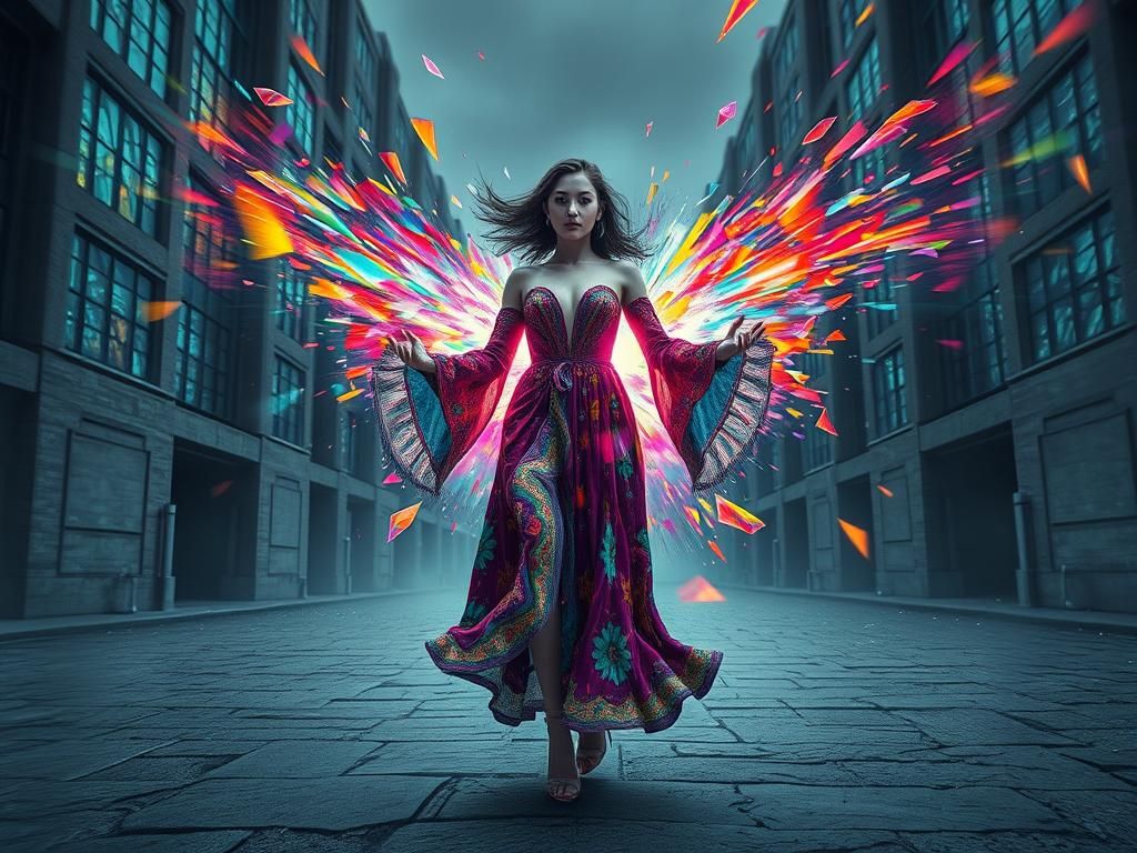 Kaleidoscopic Woman Creates Rainbow Explosion in Grayscale C...