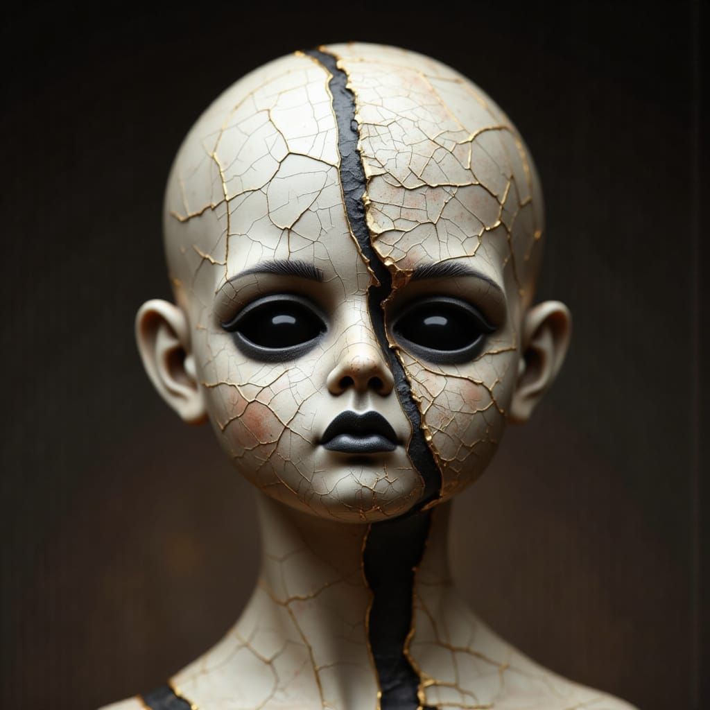 Creepy Cracked Haunted Doll with Onyx Eyes