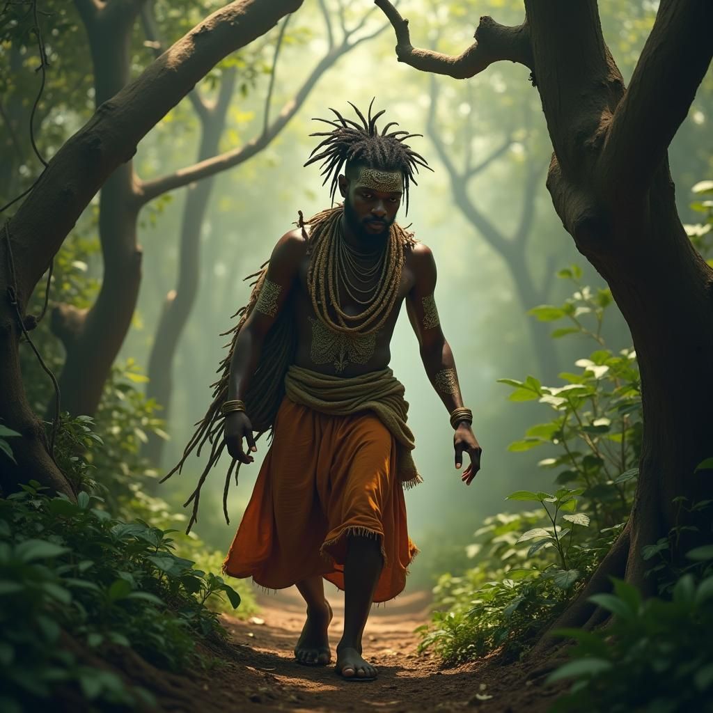 Ghanaian Warrior in Enchanted Forest, Fantasy Art