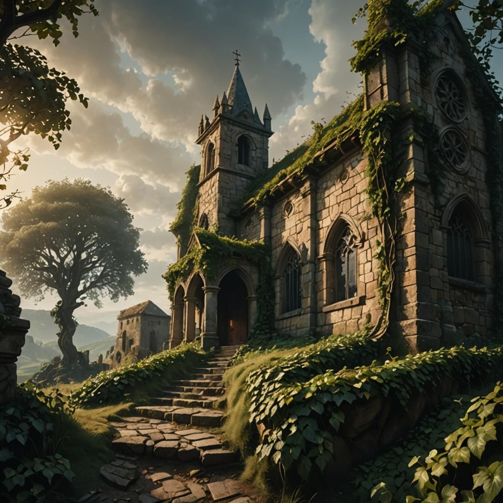 Eerie Abandoned Chapel Landscape Painting