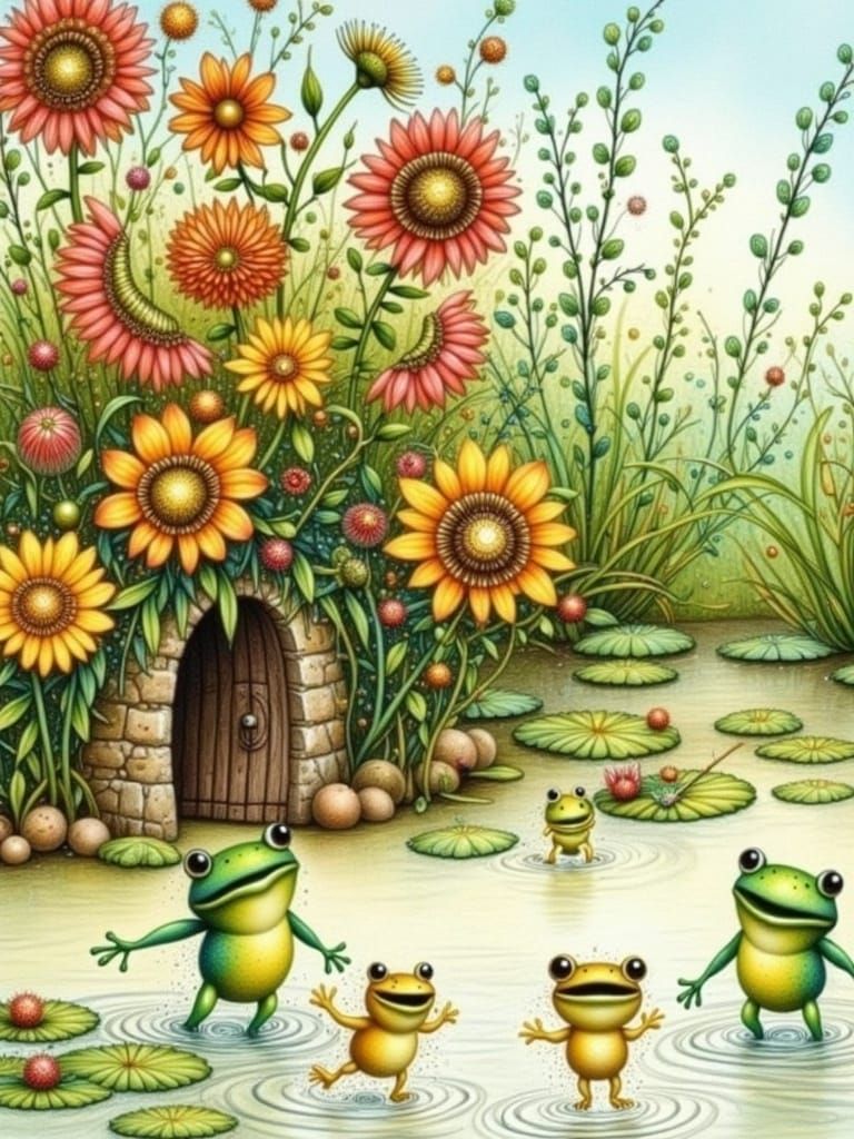 Whimsical Frogs Play in Pond: Illustration