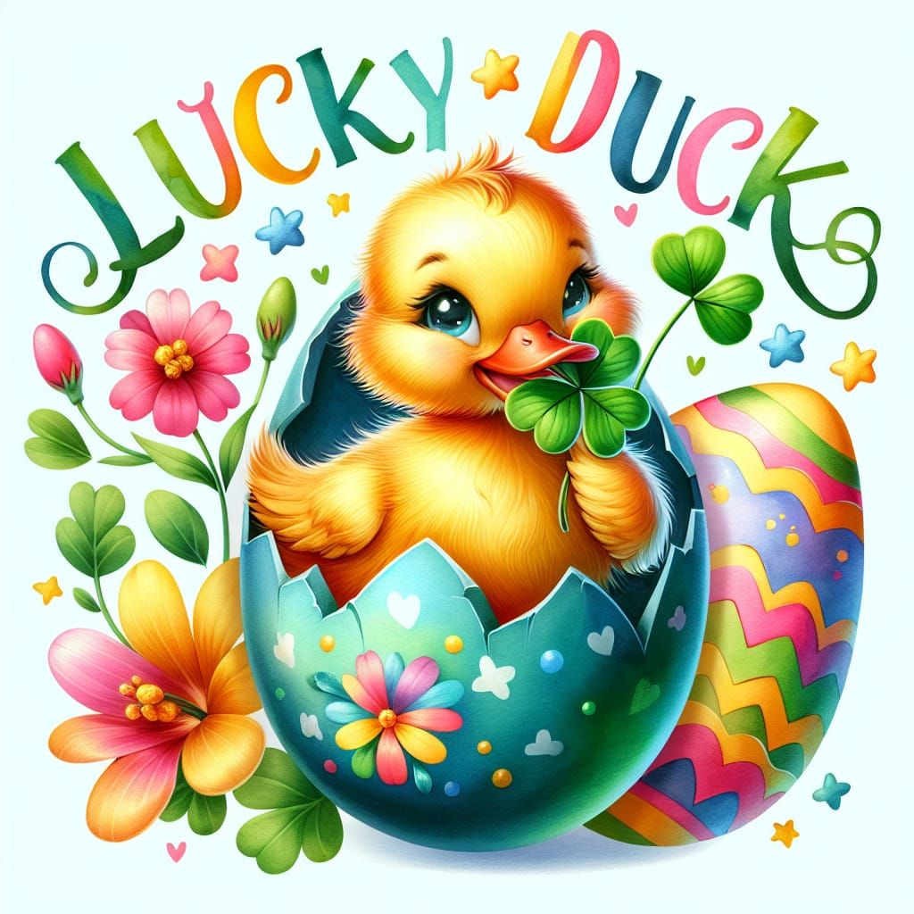 Duckling Hatching with Clover: Clipart Illustration