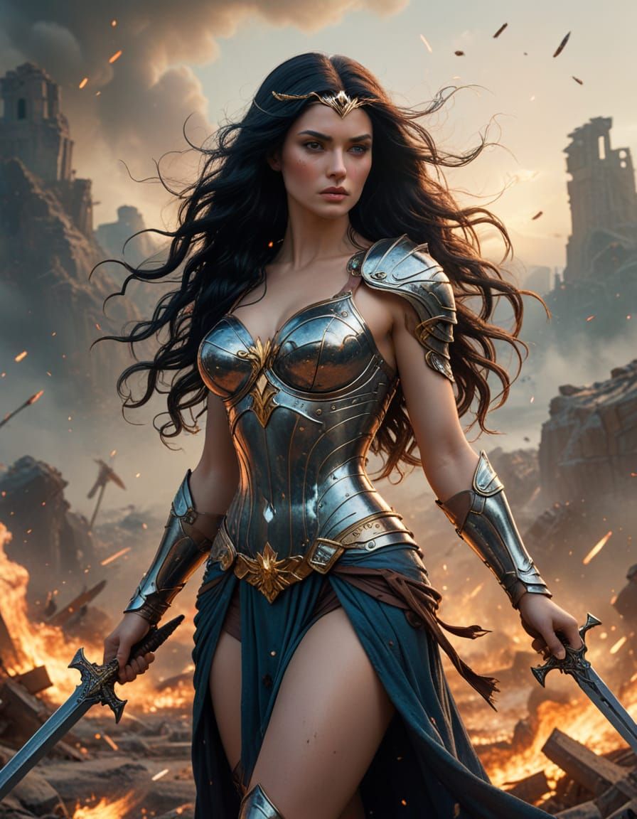 Aphrodite as Warrior Goddess on Battlefield in Hyperrealism