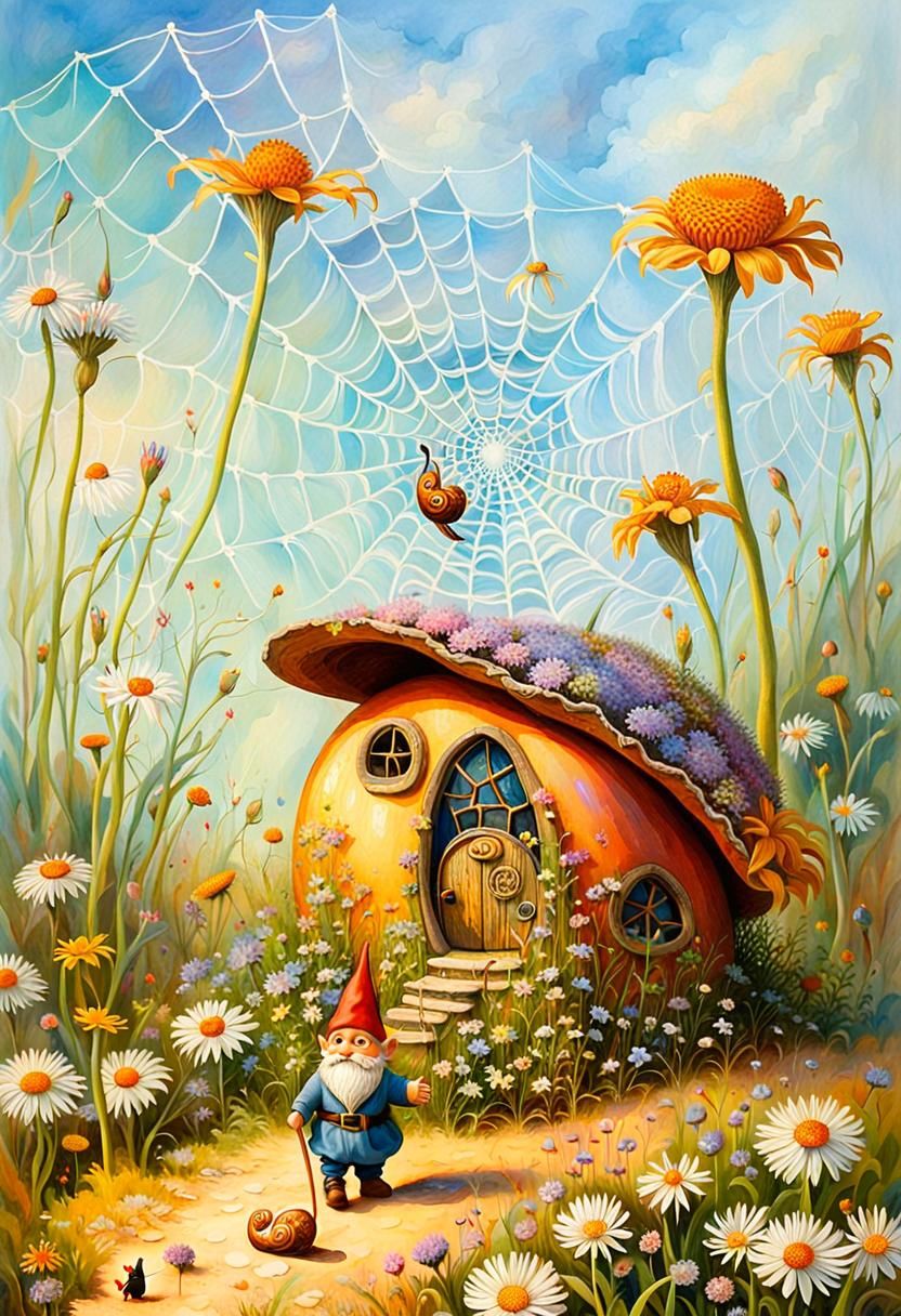 Whimsical Fairy House with Gnome, Detailed Painting