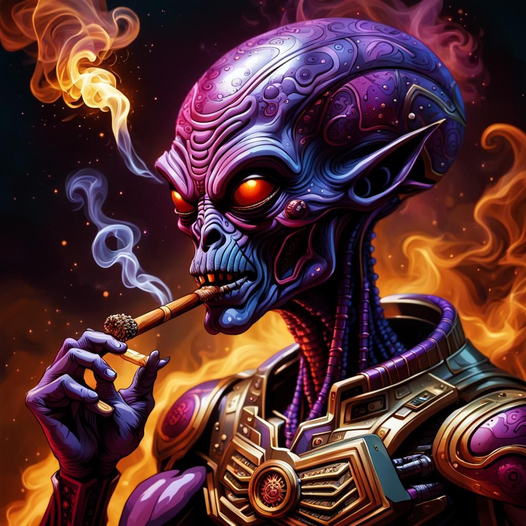 Purple Alien Smoking a Technological Cigar in Comic Book Sty...