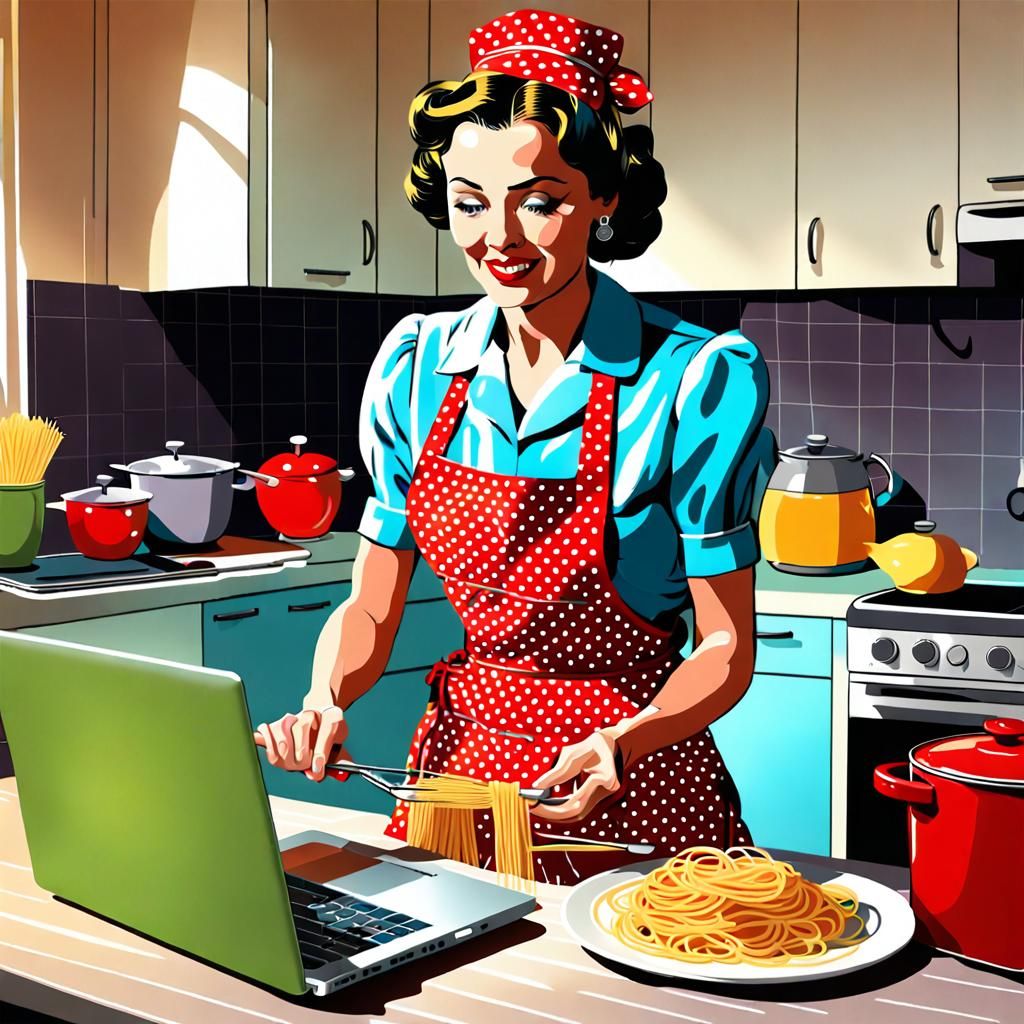 Housewife Prepares Spaghetti on Laptop in Pop Art