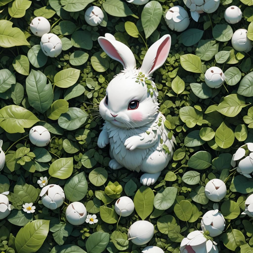 Chubby White Bunny Under Leaf: Detailed Matte Painting