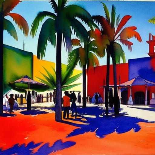 Mexican Plaza in Watercolor Style with Contrasting Colors