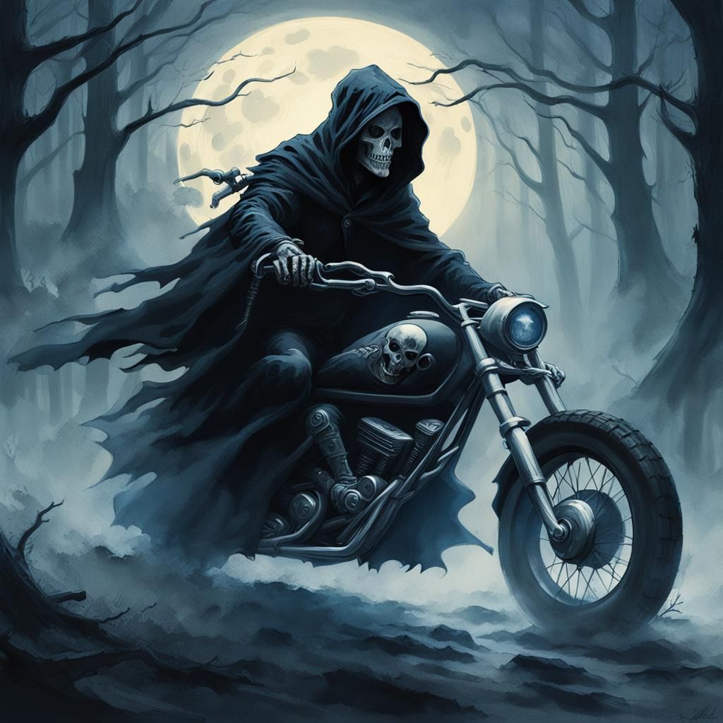 Grim Reaper on Motorcycle in Gothic Forest