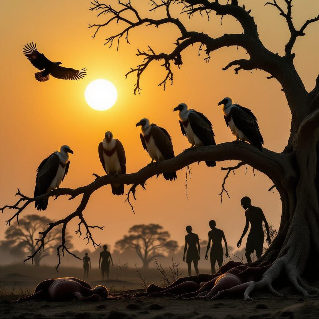 Vultures Waiting in Desolate Landscape Under Scorching Sun