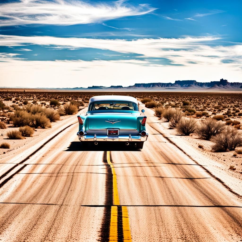 Driving down route 66 inside a 1957 chevy.  Looking out the winndow at in the desert.