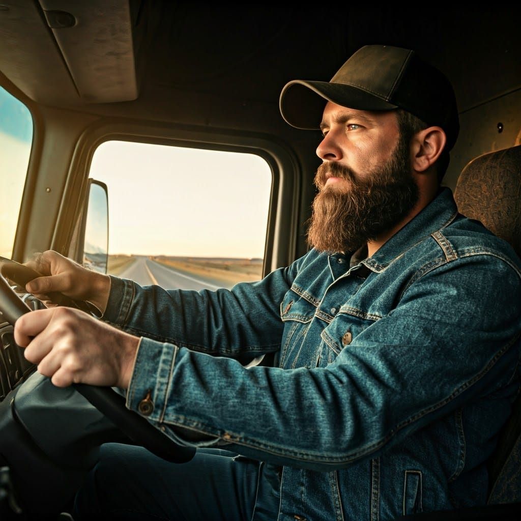Rugged Truck Driver Cruises Down Deserted Highway at Dusk