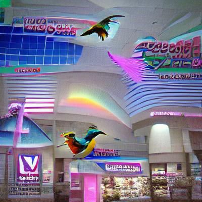 Rainbow Birds in Vaporwave Mall Scene