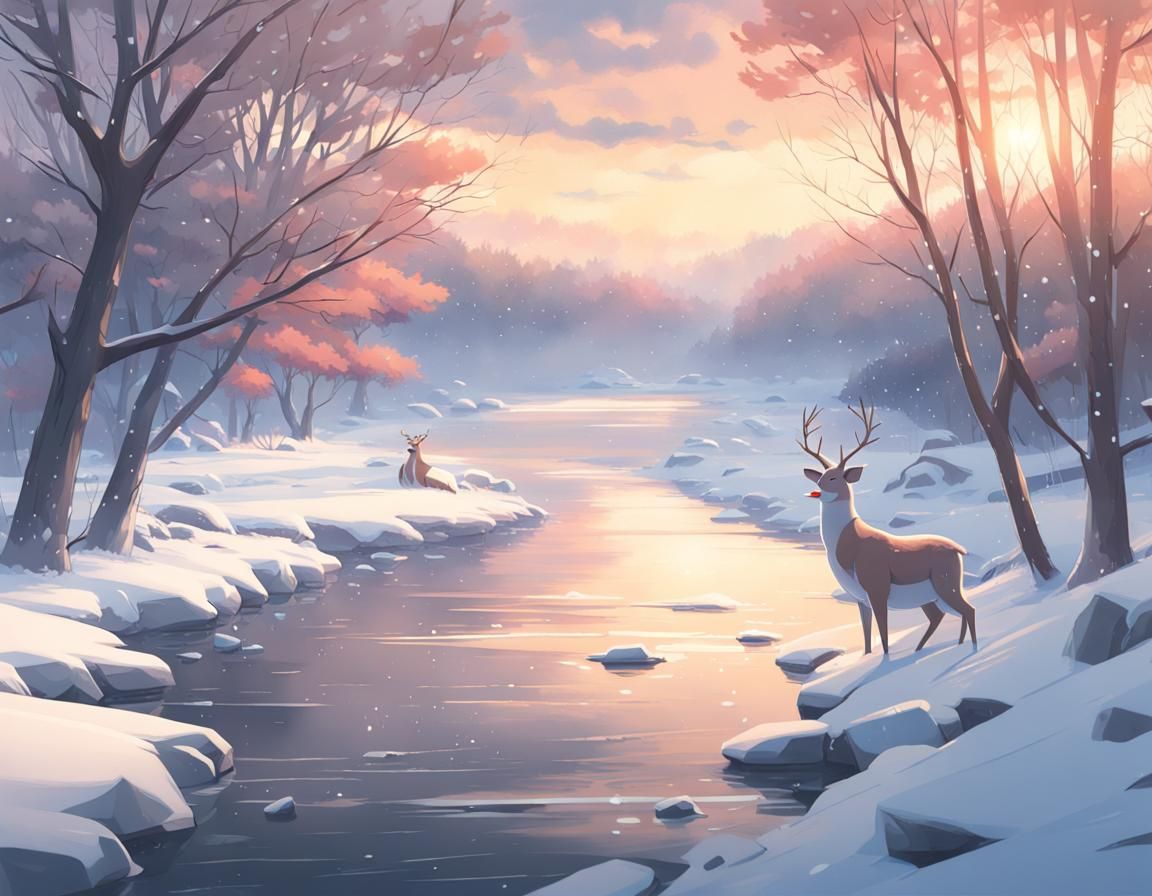 Winter River Landscape in Anime Style