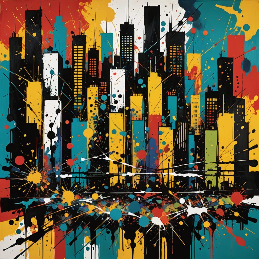 Abstract Expressionist Cityscape with Vibrant Splattered Col...