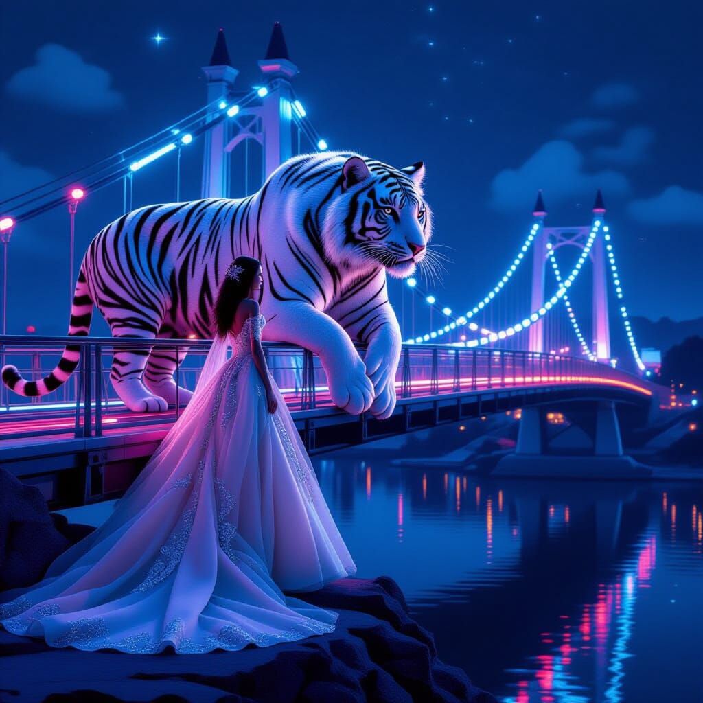 Neon Dreams: Girl and Tiger on Bridge